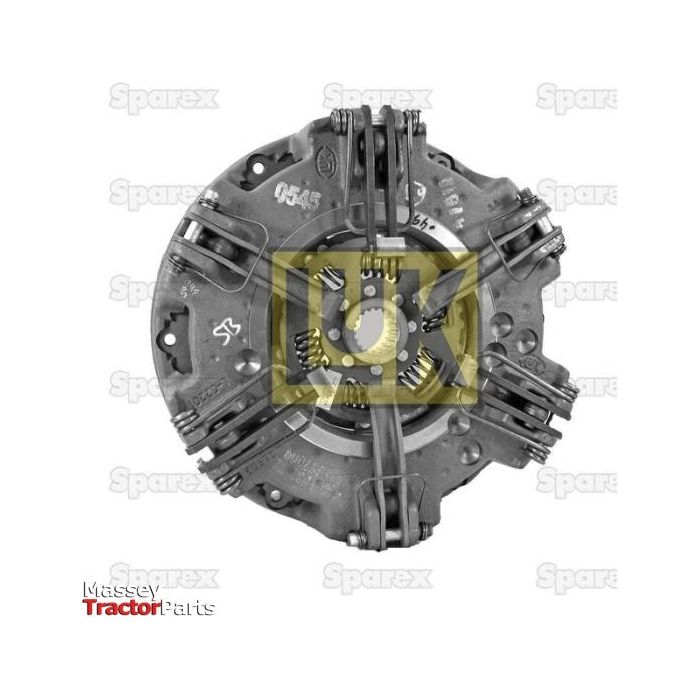 A Clutch Cover Assembly - S.145413, branded "Sparex," featuring multiple springs and bolts, incorporates a robust cast iron housing. The background includes "Sparex" and "Massey Tractor Parts" logos.