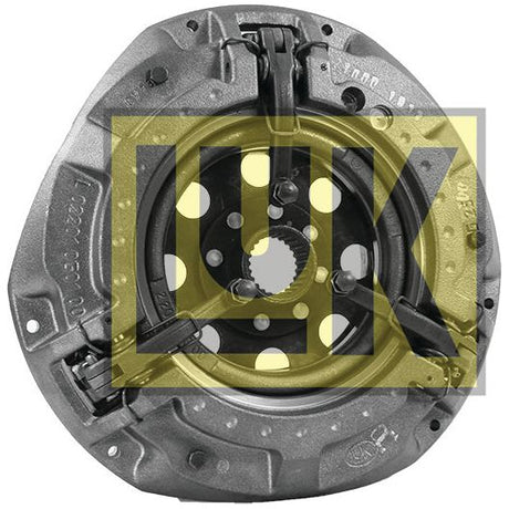 A top-view image of the Clutch Cover Assembly - S.145428 by Sparex features its circular, metallic design. Superimposed on the image are a yellow outlined "U" and a grid overlay, highlighting the assembly's dual cover design.