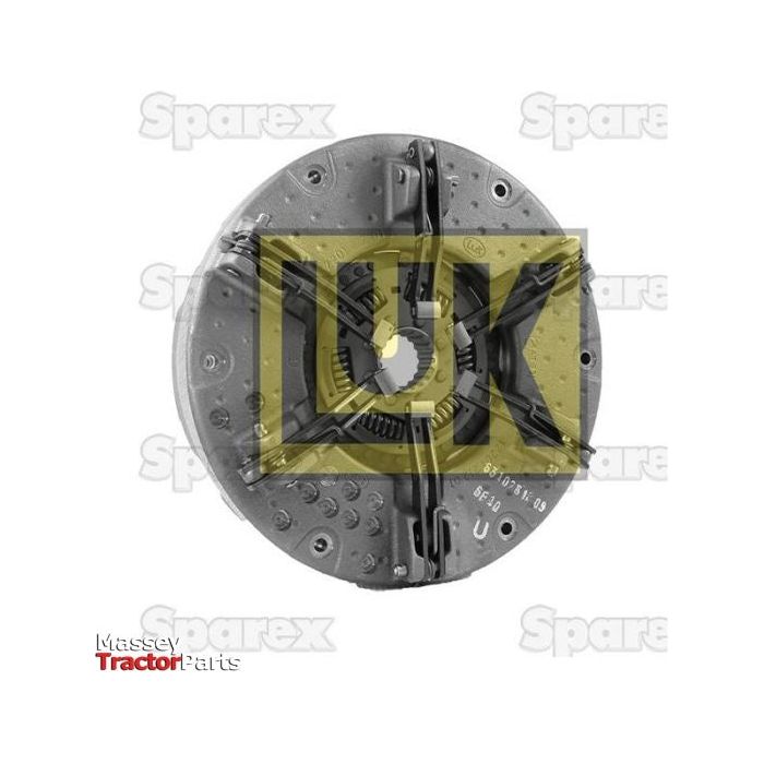 Image of a 12-inch diaphragm type clutch plate for Massey Ferguson, highlighting the Sparex-branded Clutch Cover Assembly - S.145444, showcasing its cerametallic disc technology against a branded background.