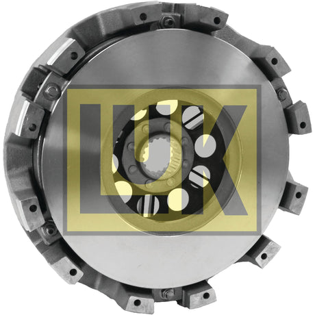 Sparex Clutch Cover Assembly - S.145454 with visible friction disc, pressure plate, and release bearing featuring an organic captive disc. The image has a yellow "LUK" logo superimposed over the clutch component.