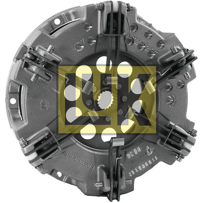 The Clutch Cover Assembly - S.145457 by Sparex is a metal automotive component featuring multiple springs and bolts, a prominent yellow "LUK" logo in the center, and includes a Cerametallic captive disc for improved durability.