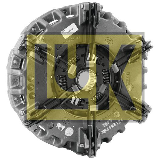 A durable and high-performance Clutch Cover Assembly (Sparex Part No. S.145459) with springs and a textured metal surface, featuring a transparent yellow "LUK" logo. Ideal for John Deere 3300, this Sparex branded Dual Cover assembly is perfect for your needs.