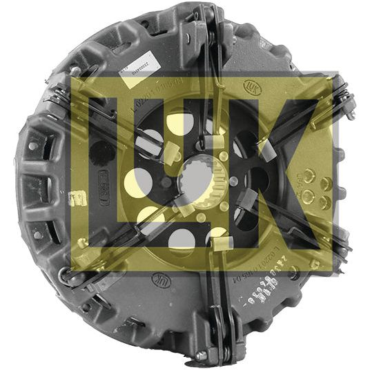 A circular mechanical part with an opening in the center, featuring a yellow and black logo with the letters "LUK" superimposed on it, often used in dual cover setups, is the Clutch Cover Assembly (Product Code: S.145499) by Sparex.