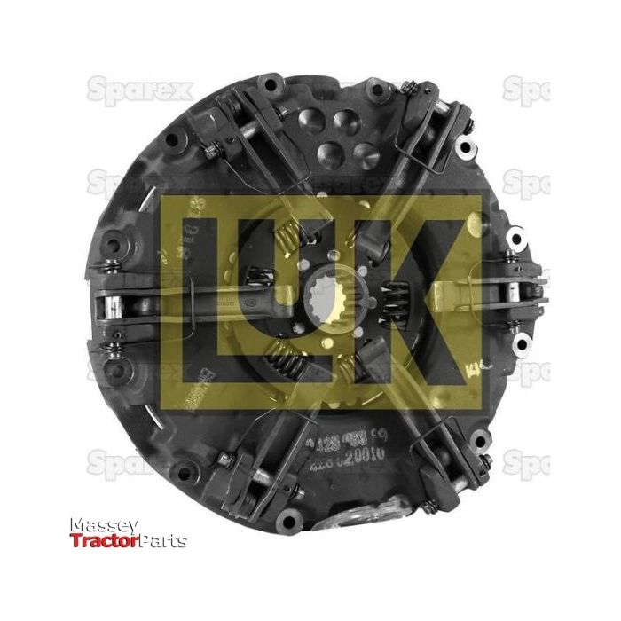 A robust Clutch Cover Assembly - S.154044 by Sparex showcases a black clutch plate with several springs and metal components arranged around its center, featuring the distinctive LUK logo overlay and incorporating a durable dual cover design.