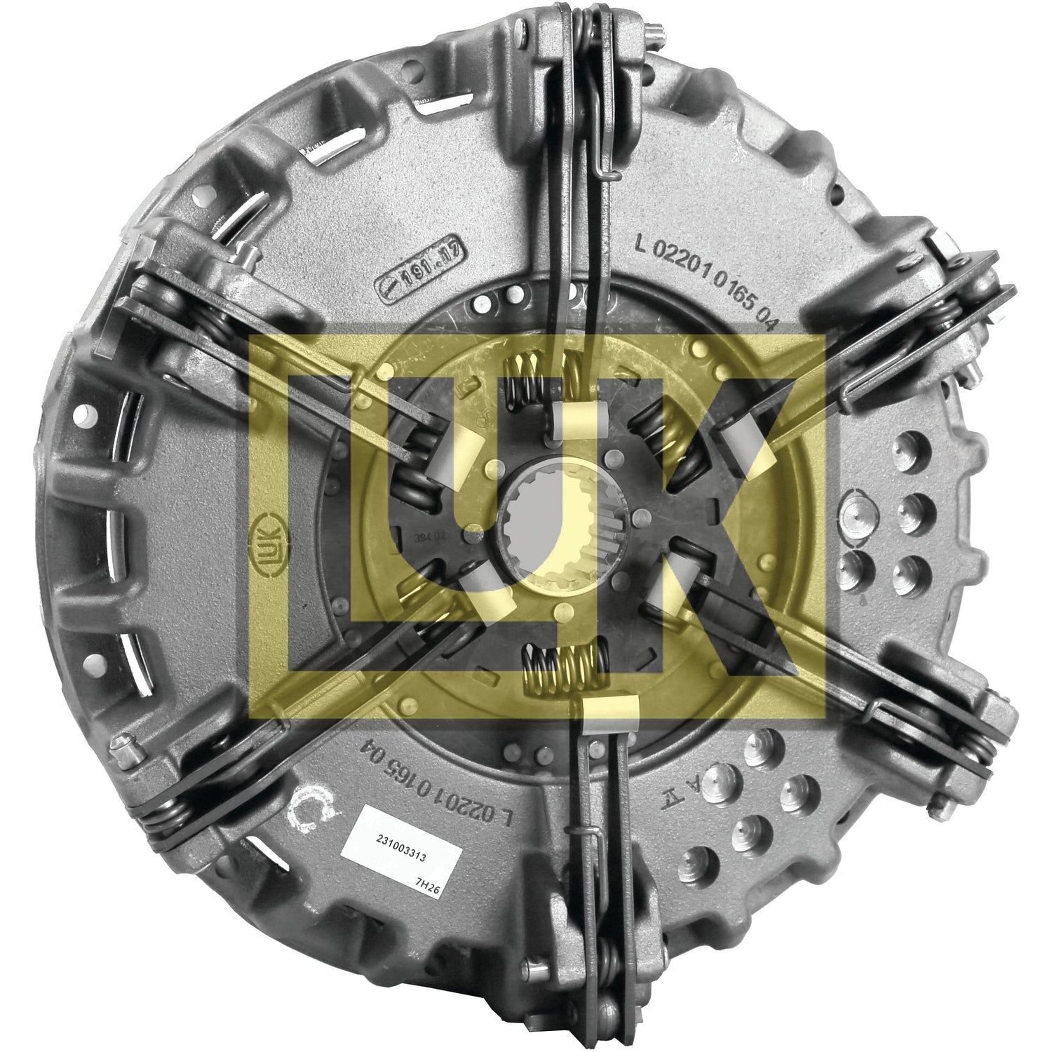 Close-up view of a metallic automotive part, specifically the Clutch Cover Assembly - S.72936 by Sparex, housed in durable cast iron and marked with various identification numbers and symbols. A transparent yellow "LUK" logo is overlaid on the image.