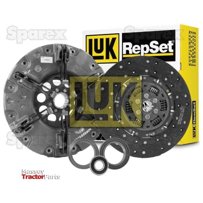 A clutch kit with various parts, including a pressure plate, clutch disc, and bearings essential for your transmission system, is displayed alongside its packaging labeled "Clutch Kit with Bearings | Sparex Part No.S.131125" by Sparex.