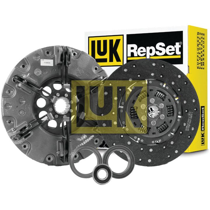 The Sparex Clutch Kit with Bearings, Sparex Part No.S.131125, including a pressure plate, disc, and release bearings, is displayed in front of its yellow and black packaging box. Perfect for seamless transmission performance.