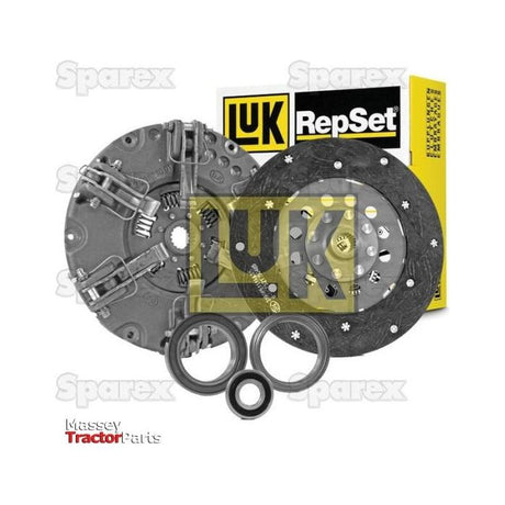 The components of the Clutch Kit with Bearings - S.146512, such as the organic disc and dual cover, are arranged in front of the product packaging. The background features logos of Massey Tractor Parts and Sparex.