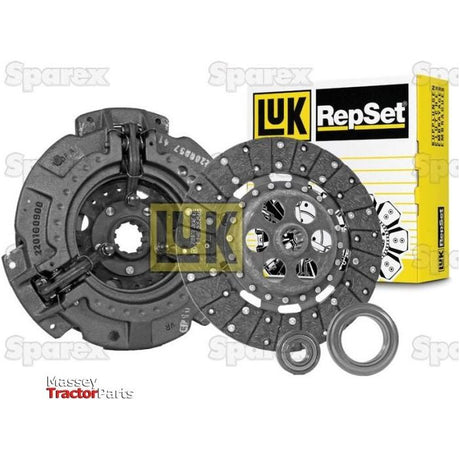A Sparex Clutch Kit with Bearings - S.146553, featuring a clutch disc, pressure plate, and bearings. The box in the background displays the Sparex logo and label, showcasing an organic captive disc for enhanced performance.