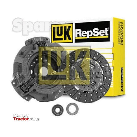 Image of a Sparex Clutch Kit with Bearings - S.146582 showcasing various components, including a pressure plate, clutch disc, and release bearings—all made with durable organic material. The product packaging is visible in the background.