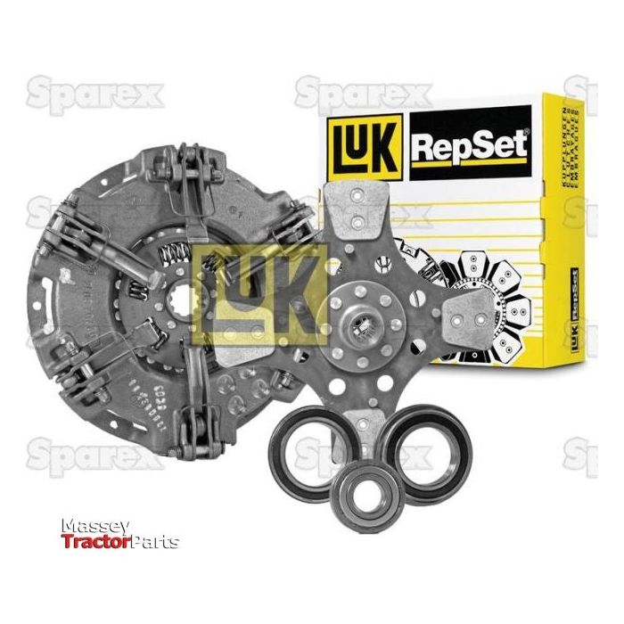 Sparex Clutch Kit with Bearings - S.146593, featuring a cerametallic clutch disc and pressure plate, displayed alongside Sparex packaging and Massey Tractor Parts logo.