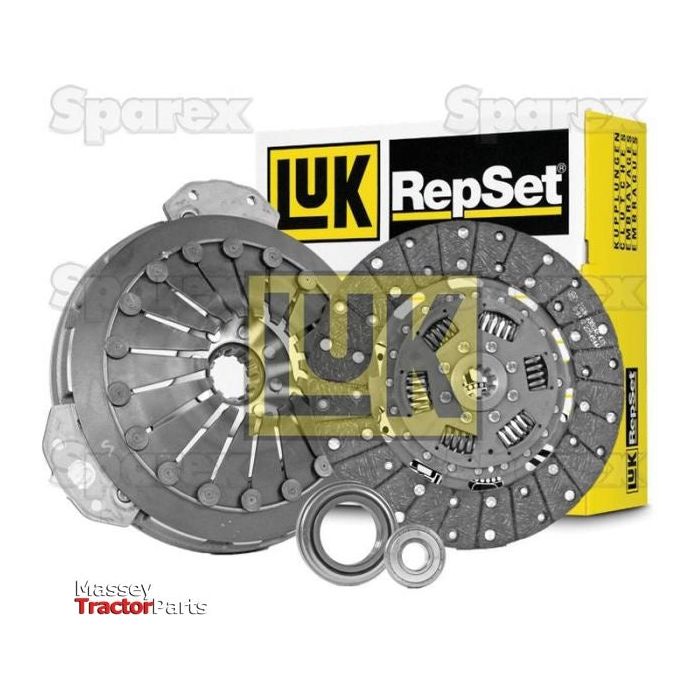 Image of a Sparex Clutch Kit with Bearings - S.146598, showcasing a torsion sprung clutch disc, single cover pressure plate, standard damper release bearing, and other small components, with packaging in the background.
