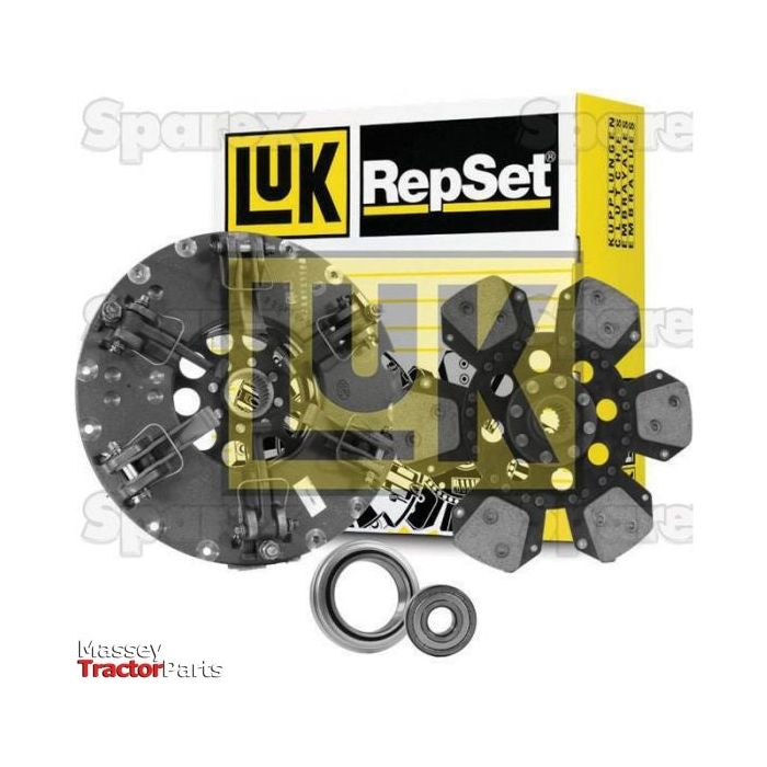 Sparex Clutch Kit with Bearings - S.146609, featuring a durable cast iron pressure plate, includes a clutch disc and bearings. Shown on a white background with Massey Tractor Parts logo in the corner.