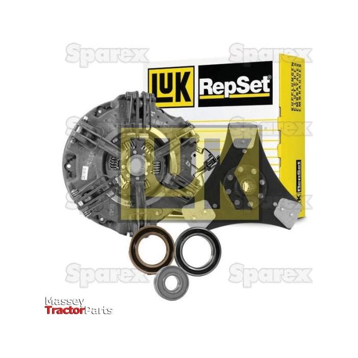 Image of a Sparex Clutch Kit with Bearings - S.146622, including a cerametallic disc, pressure plate, release bearing, pilot bearing, and an alignment tool. Packaging is visible in the background.