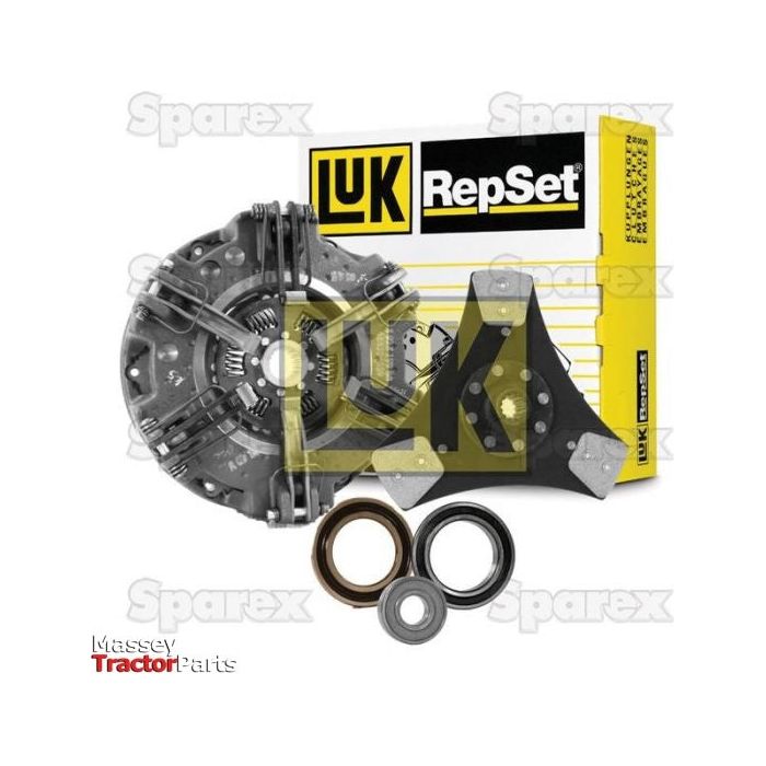 The Clutch Kit with Bearings - S.146624 by Sparex comes in packaging that includes a clutch disc, pressure plate, release bearing, and pilot bearing. The Cerametallic components ensure durability, with the Massey Tractor Parts logo visible in the bottom left corner.