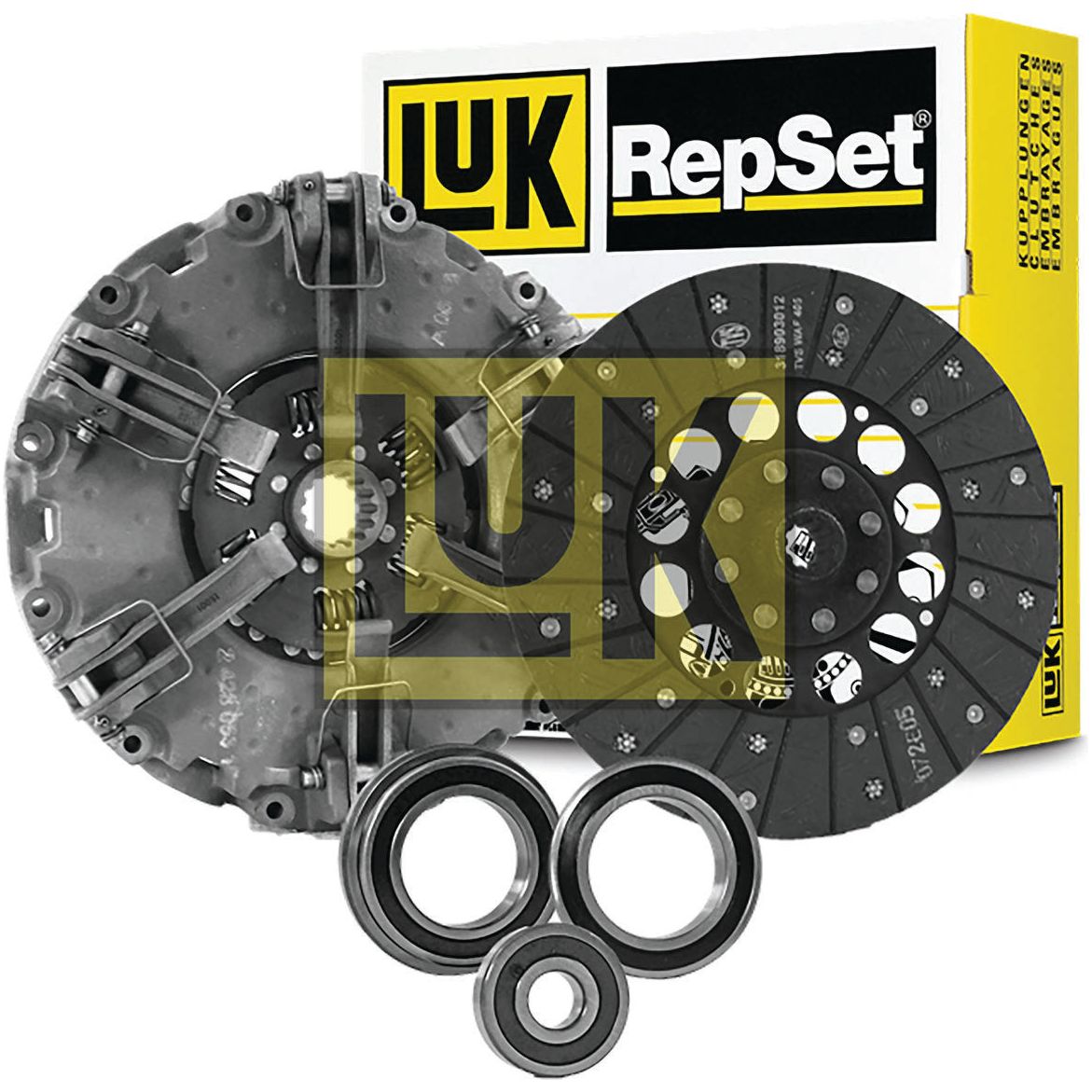 Image of a Sparex Clutch Kit with Bearings - S.146626, featuring a pressure plate, clutch disc, and bearings against a yellow and black branded box. The kit boasts a durable Cerametallic surface for enhanced performance.
