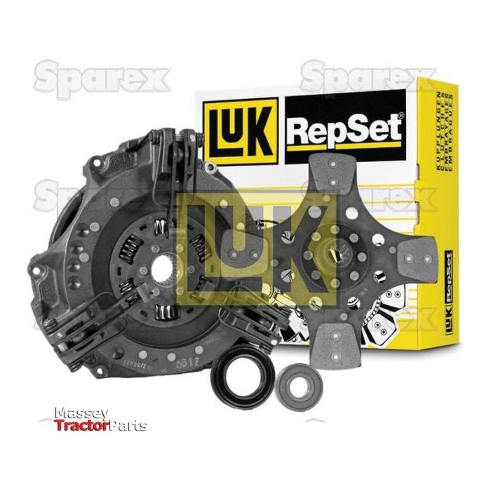 Image of a Sparex Clutch Kit with Bearings - S.146635 featuring multiple components, including a clutch disc, pressure plate, and bearings, with packaging in the background. The single cover and cast iron materials are branded with Sparex logos.