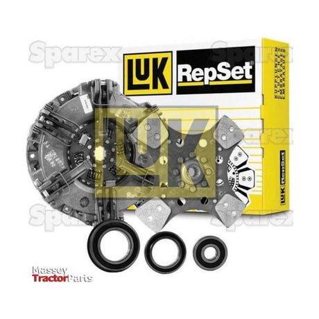 Image of a Sparex Clutch Kit with Bearings - S.146646, including a cerametallic clutch disc, pressure plate, and seals. Background features the Sparex yellow and black packaging with Massey Tractor Parts branding in the corner.