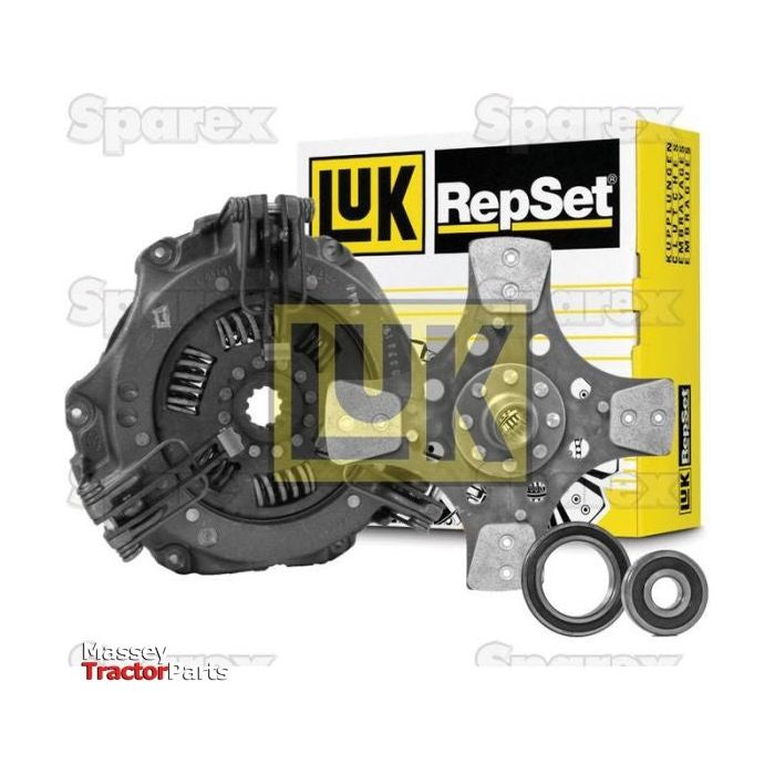 Sparex Clutch Kit with Bearings - S.146664, featuring mechanical components and a cast iron housing. The background shows a yellow-branded box displaying the Sparex logo along with the text "Spares" and "Massey Tractor Parts.