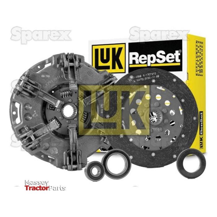 A set of automotive components including a clutch disc, pressure plate, release bearings, and their packaging. Branded with Sparex and labeled "Clutch Kit with Bearings - S.146676," the kit features a single cover for easy installation.