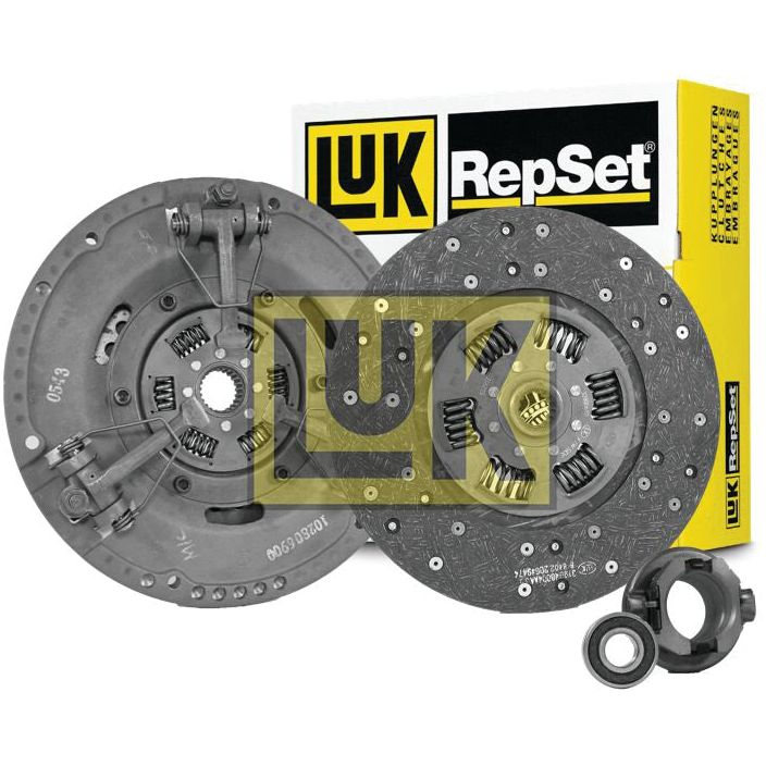 Image of a Sparex Clutch Kit with Bearings - S.146676, featuring a clutch disc, pressure plate, and release bearing, displayed with yellow and black LUK branded packaging in the background.
