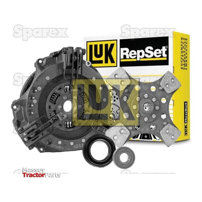 Image of a Sparex Clutch Kit with Bearings - S.146689, featuring a clutch disc made of cerametallic material, pressure plate, release bearing, and pilot bearing. The packaging box is visible in the background, branded with Sparex logos.
