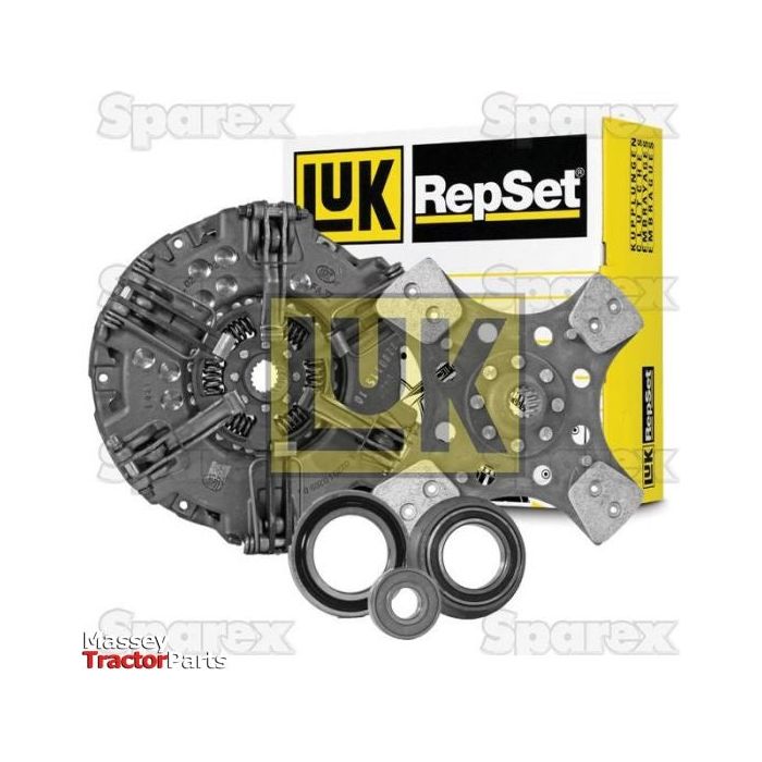 Image of a Sparex Clutch Kit with Bearings - S.146690, featuring a cerametallic material clutch disc, pressure plate, release bearing, and pilot bearing, placed in front of its branded yellow and black packaging.