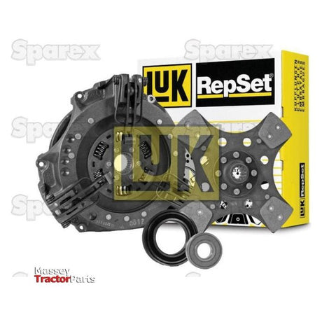 The Sparex Clutch Kit with Bearings - S.146693, featuring a durable cast iron pressure plate, includes a clutch disc, release bearing, and pilot bearing—all showcased in front of the product packaging.