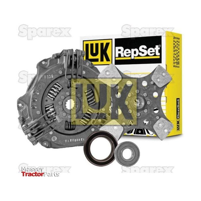 A Sparex Clutch Kit with Bearings - S.146705, including the cerametallic loose disc, pressure plate, and bearings, displayed against a white background with branded packaging visible.