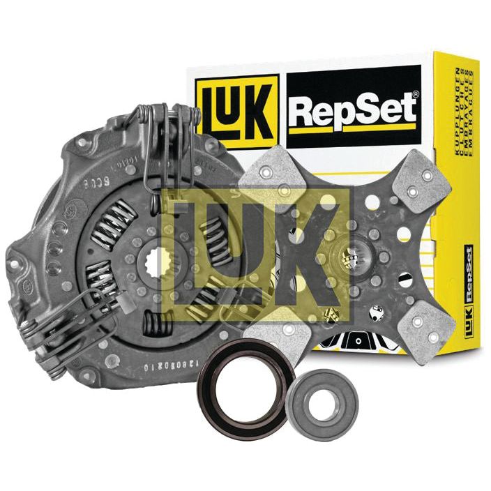 Sparex Clutch Kit with Bearings - S.146705, featuring a single cover and cerametallic loose disc along with various metal components and bearings, showcased against yellow and black packaging in the background.