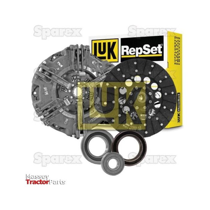 Image of a Sparex Clutch Kit with Bearings (S.146712) featuring a cerametallic pressure plate, clutch disc, and three bearings. Massey Tractor Parts branding is visible in the corner.