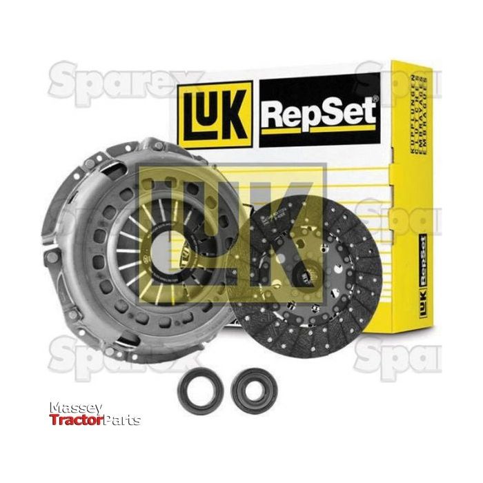 A Sparex Clutch Kit with Bearings - S.146735, featuring a 280mm cover, includes a pressure plate, clutch disc, and bearings next to its yellow and white packaging box.