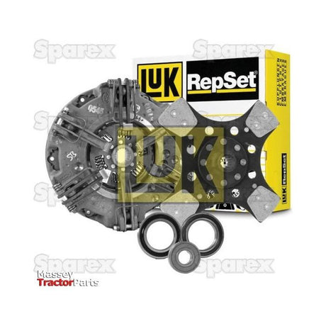 A packaging of the Clutch Kit with Bearings - S.146766 from Sparex is shown, featuring the clutch assembly, disc, and bearings displayed in front of the box. The texts "Sparex" and "Massey Tractor Parts" are visible as watermarks. The Cover Type clutch includes durable Cerametallic components for enhanced performance.