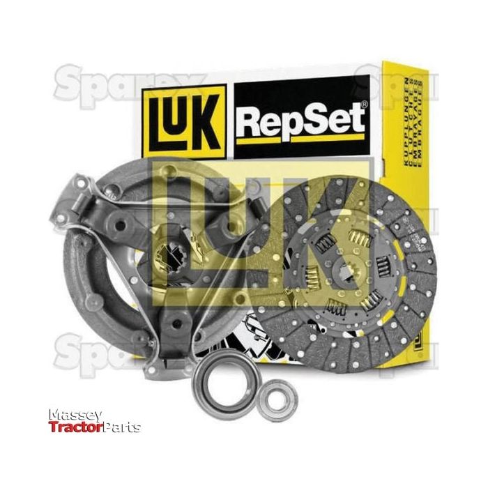 A Clutch Kit with Bearings (S.146769) by Sparex is displayed, featuring a standard damper pressure plate, clutch disc, and bearings, with packaging in the background.