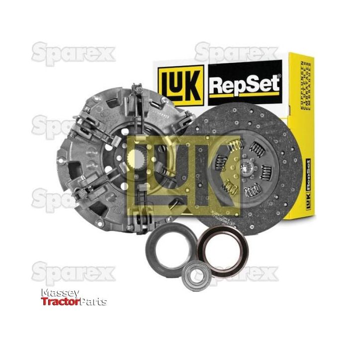The Sparex Clutch Kit with Bearings - S.146777 includes a pressure plate, an organic captive clutch disc, release bearings, and an alignment tool, with its packaging visible in the background.