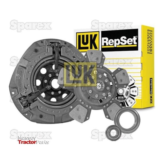 A Sparex Clutch Kit with Bearings - S.146811, featuring a pressure plate, organic captive disc, release bearing, and alignment tool, is displayed alongside its yellow and white branded packaging.