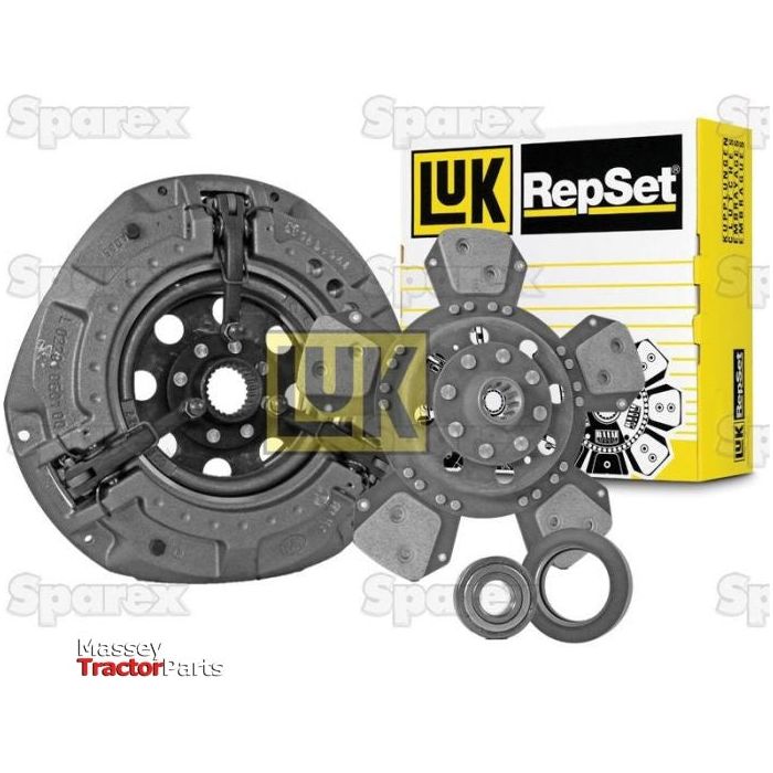 The components of the Sparex Clutch Kit with Bearings (S.146812), including the dual cover, cerametallic loose disc, release bearing, and alignment tool, are displayed with the branded packaging visible in the background.