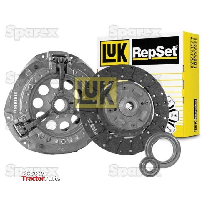 Sparex Clutch Kit with Bearings - S.146820, featuring a pressure plate, organic loose disc, and bearing displayed in front of a yellow and white LUK box.