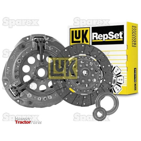 The Clutch Kit with Bearings - S.146825 from Sparex, featuring a 300mm cover size, is displayed with a clutch disc, pressure plate, release bearing, and packaging box in the background.
