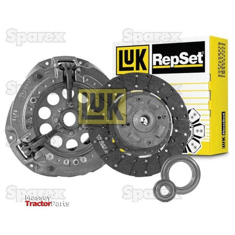 Sparex Clutch Kit with Bearings - S.146828, featuring components such as a clutch disc, pressure plate, release bearing, and pilot bearing, positioned next to the yellow and black Sparex packaging. Includes a 300mm single cover for optimal performance.