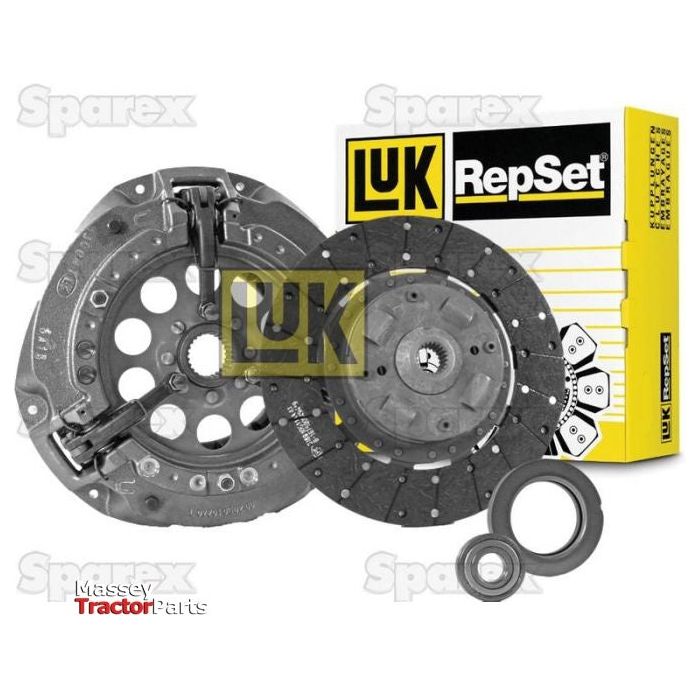 A Clutch Kit with Bearings - S.146829 by Sparex, featuring various clutch components in a yellow and black branded box with the text "Massey Tractor Parts" and "Sparex" in the background, includes a single cover with a standard damper.