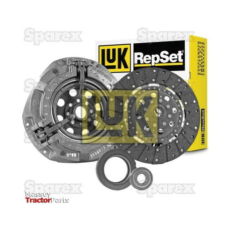 A Clutch Kit with Bearings - S.146832 from Sparex, featuring an Organic Disc, pressure plate, and release bearing, is displayed with packaging in the background. Branding from Sparex and Massey Tractor Parts is visible.