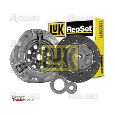 The Sparex Clutch Kit with Bearings - S.146834, featuring a pressure plate, an organic material clutch disc, and bearings, is displayed against a box.