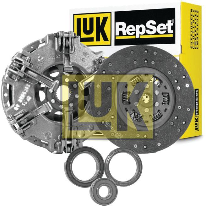 Image of a Sparex Clutch Kit with Bearings - S.146858, featuring a pressure plate, Torsion Sprung Loose Disc, and three bearings, with the product's packaging visible in the background.