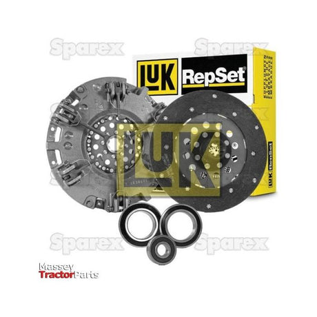 A clutch kit named "Clutch Kit with Bearings - S.146867," which includes a pressure plate, dual cover clutch disc, and bearings, is displayed in boxed packaging labeled "LuK RepSet." The image features watermarks of "Massey Tractor Parts" and "Sparex," the brand name.
