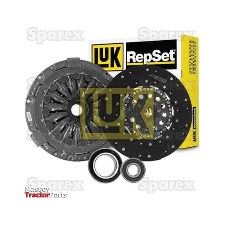 Image of a Sparex Clutch Kit with Bearings - S.146874, including a pressure plate, clutch disc, and bearings, featuring Sparex branding and a Massey Tractor Parts watermark. The single cover showcases robust cast iron construction for enhanced durability.