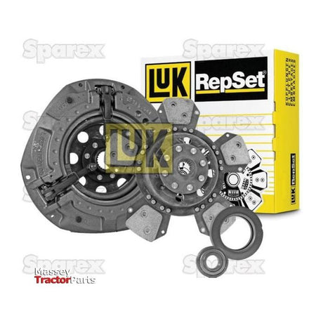 Image of a Clutch Kit with Bearings - S.146883 by Sparex, showcasing various clutch components including an organic disc and dual cover, displayed with packaging in the background. The words "Sparex" and "Massey Ferguson Tractor Parts" are visible in the corners.