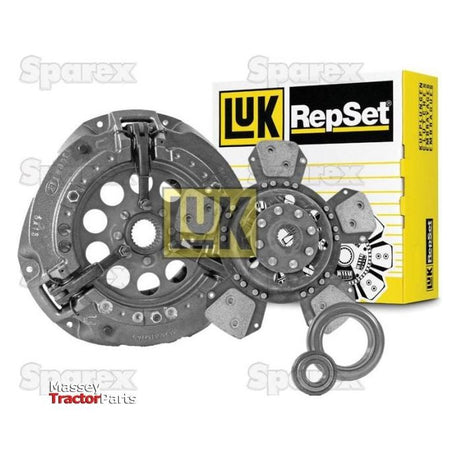 The Clutch Kit with Bearings - S.146885 from Sparex, featuring a cerametallic loose disc, is displayed against a plain white surface with a yellow and white branded box in the background. The Massey Tractor Parts logo is prominently positioned in the bottom left corner.