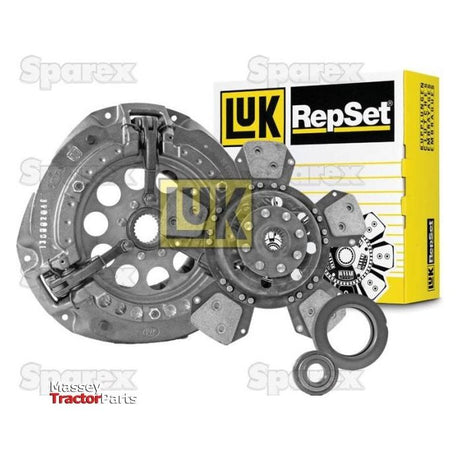 Clutch kit components, including a robust 300mm cast iron cover, showcased in front of a branded Sparex box on a white background. Massey Tractor Parts logo appears in the bottom left corner. Product Name: Clutch Kit with Bearings - S.146887.