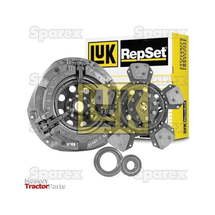 Image of a Sparex Clutch Kit with Bearings - S.146889, including a clutch pressure plate, friction disc made from high-quality captive disc material, and related components. The packaging is visible in the background.